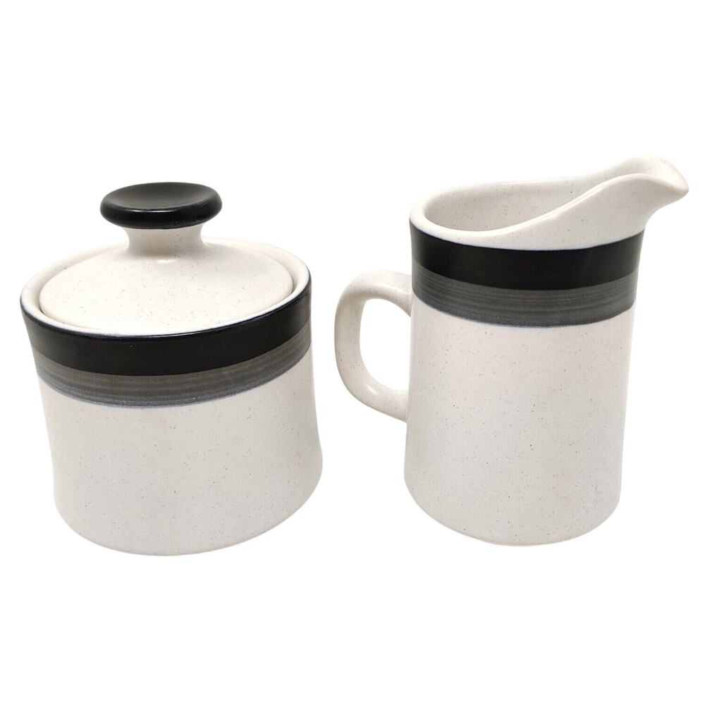 Arrow Stone Black Foot Sugar Bowl and Creamer MCM Stoneware Kasuga Japan 693